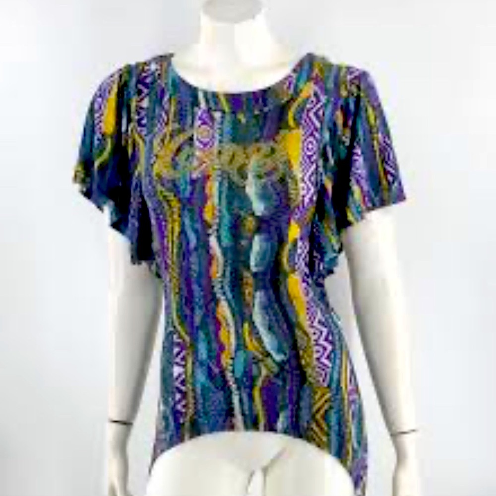 COOGI logo front flutter  rhinestone multicolored sleeve shirt Top S
